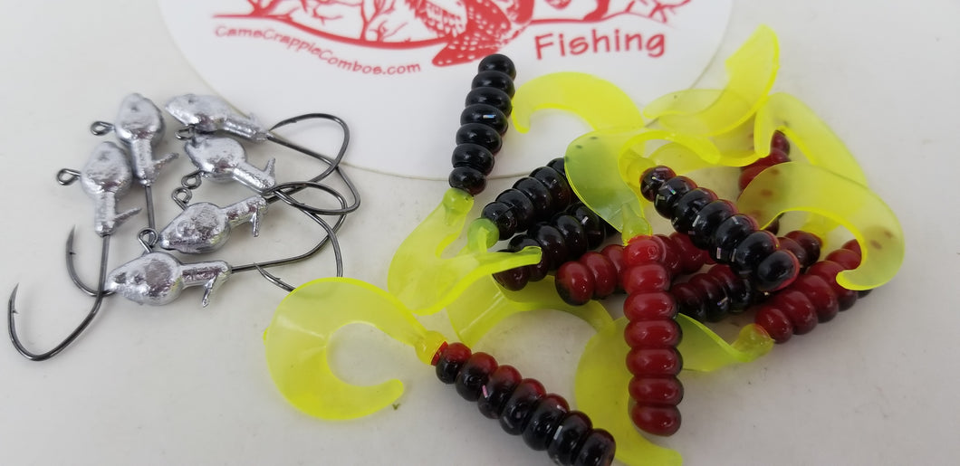 Cams Hooks & Plastics 80 Piece Set 1/16 Minnow Head B/N #2 + Red Black & Chartreuse Curly Tail